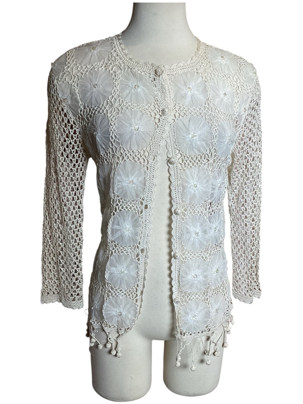 Vintage y2k Crochet Tulle Rosette 3/4 Sleeve Cardigan